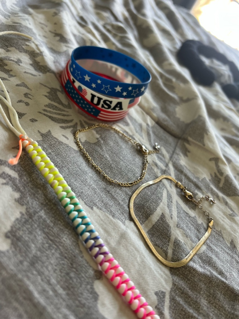 Patriotic USA Silicone Wristband Set with Gold Tone Bracelets